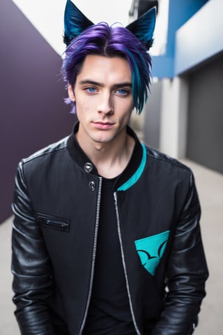 Maverick Ellis Rowe, 1boy, male focus, solo, looking at viewer, short hair, blue eyes, black hair, animal ears, jacket, purple hair, parted lips, cat ears, lips, colored sclera, freckles