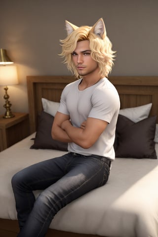 Phoenix Montoya,male focus, brown eyes,solo , blonde hair, cat ears, animal ears, day, looking at viewer,full body, sitting, bedroom scene, specular highlights, detailed eyes, detailed hair, textured hair, animal ear fluff, 