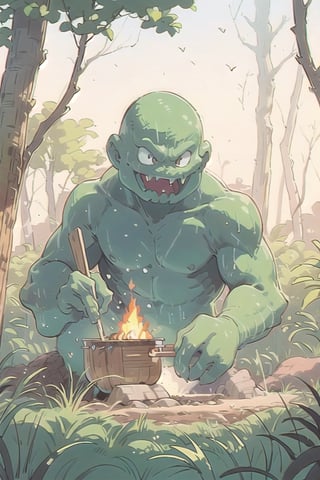 masterpiece, best quality, high_resolution,high quality illustration,BREAKLush Square, Lush Exploration,Premium Generosity,BREAKanalog film, grainy textures, warm tones, nostalgic atmosphere, organic imperfections, classic charm, timeless aesthetics , intricate, outdoor, camping, swamp monster appears, ghibli style forest, cooking over woodfire