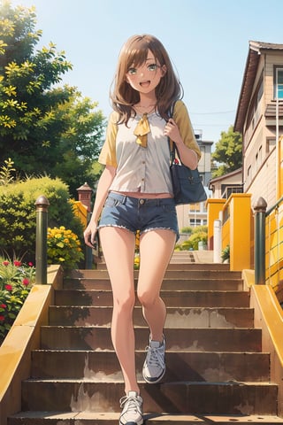 (masterpiece:1.1), (highest quality:1.1), (HDR:1.0), 1girl, perfect body, laugh, open mouth, (wearing white button_shirt with yellow tie), cut off denim shorts:0.5, sneakers, attractive, stylish, designer, black, asymmetrical, waterfront walkway, SAM YANG, Female, hmnc1, High detailed, full leg tattoos:1.5,retrobigguns, pastel color theme