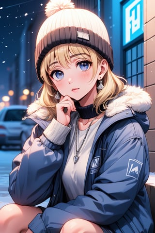 a close up of a woman sitting on a step with a hand on her chin, beautiful girl, attractive pose, silver necklace, beautiful model, beanie hat, winter jacket, snowing, romantic, casual pose, seductive, attractive anime girl, beautiful anime photo, alluring, aesthetic, thoughtful pose, (bokeh), best quality, masterpiece, long blonde hair,make_3d, 8k,lofi, pov_eye_contact, nighttime, cyber background