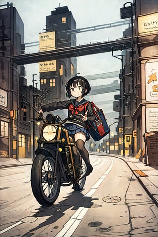 masterpiece, best quality, 1girl, solo, jacket, hand in pocket, school uniform, serafuku, thighhighs, school bag, black hair, black eyes, cyberpunk, street, machinery, motor vehicle, motorcycle, panorama, helmet, speed line, motion blur, depth of field, perspective, panorama, riding, floating hair, night, neon trim
INFO
