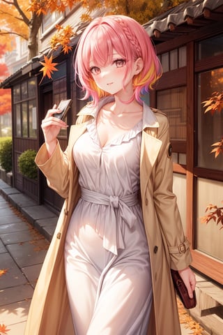 1woman and 1man playing_game, parted lips, blush, makeup, light smile, multicolor hair, glow, collarbone, medium breast, trench coat, narrow waist, (masterpiece, best quality), automn, falling leaves, neon colors, wallpaper, details background, ambient lighting,edgADC_fashion,edgJF_clothing