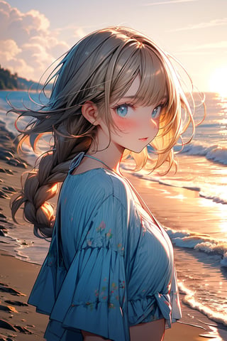 masterpiece:1.2, best quality:1.2, 8k raw, (Simple, light pastel teal and white), (anime:1.0), morning sun, glow, beachside,
(1woman), laughing, long light blonde hair, single Braid
(offwhite croptop:1.2), (light blue bikini bottom:1.2), (white sneaker:1.3), midjourney, one eye closed, look away, watching sunrise, walking along the beach with her puppy, 3/4 view