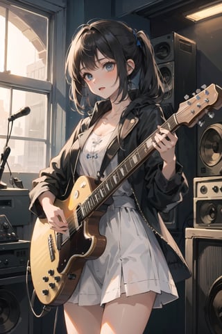 (masterpiece, best quality), 1girl, solo, cowboy_shot Musician, Musical attire, Recording studio, Composing music, Performing live, playing guitar, Collaborating with other musicians