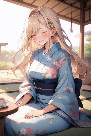 masterpiece:1.3, best quality:1.3, highly detailed, 8k raw, simple_background:1.3, white_background:1.3, female_solo, sitting on tatami, tatami tea table, tea festival, medium breasts, cowboy_shot, pink floral kimono, closed eyes, look happy, light blonde hair, long straight_hair, blush, cozy, animeniji