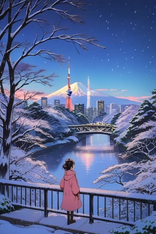 masterpiece:1.2, best quality:1.2, 8k raw, (anime:1.0), snowny night at tokyo