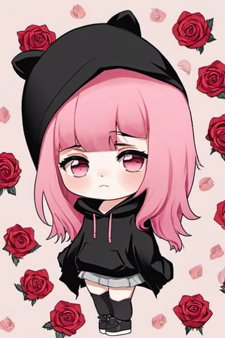 ((best quality)), ((masterpiece)), ((best quality)),  ((highres)), ((high quality)), 1girl, {{{alternative hair color}}} pink hair, black hair, rose hair, rose eyes, grumpy, rose hoodie, walking, ((Chibi)), ((baby face)),Chibi,Chibi Style,detailmaster2