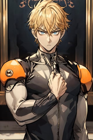 (masterpiece, best quality, highres:1.3), ultra resolution image, (style of Gurity Gear), ((style of One-Punch Man)), Merigold hair, Merigold eyes, Afraid, Merigold sleeveless tiger uniform, eyelid pull, fireplace, upper body,1boy, Tangerine eyes , Tangerine hair ,Short hair,Blue eyes ,Blonde hair 