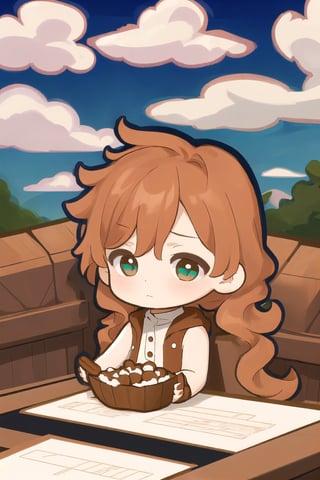 ((Outline)), 1boy, Gingerbread hair, wavy 
Long straight hair, Gingerbread eyes, shy, Gingerbread sleeveless coat, sitting, clouds, upper body,chibi