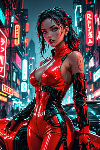 In the bustling city, a full-body image of a cyberpunk woman in bold black and red clothing caught attention. Her sleek attire shone in the neon lights, highlighting her alluring presence. Luminous enhancements adorned her figure, enhancing her appeal. Gracefully, she moved through the crowded streets, her gaze mirroring the technological beauty of the cityscape, radiating elegance and expertise.As she navigated the urban labyrinth, her confidence seemed to command respect from even the most hardened denizens of the city. Every step she took exuded purpose and determination, a testament to her strength of character and resilience in the face of adversity. It was as if she was a living embodiment of the city itself - always evolving, adapting, and ultimately thriving in the chaos that surrounded her.