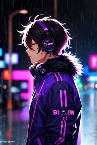 blacklight, solo, male focus, headphones, 1boy, rain, long sleeves, fur trim, web address, blurry, upper body, hair over eyes, profile, jacket, from side, artist name, closed mouth, short hair