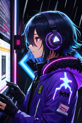 blacklight, solo, male focus, headphones, 1boy, rain, long sleeves, fur trim, web address, blurry, upper body, hair over eyes, profile, jacket, from side, artist name, closed mouth, short hair