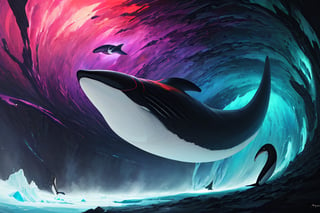 (masterpiece,absurder detailed:1.2),((giant colorful mechanical orca floating in the void)), ore texture , wide open  ,ice and fire ,mandala, amazing thematic dark and  abyss background, (A perfect finished work of official art:1.1). oil painting (ART By Apterus, ART By Dan Mumford:1.1),Science Fiction,paper_cut,belvor