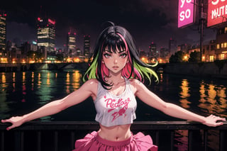 A young woman with long, flowing hair stands in front of a cityscape at night, bathed in the vibrant glow of neon lights. She wears a white crop-top and matching pink skirt, her black hair streaked with multicolored hues and floating freely around her. Her bangs frame her face as she looks directly at the viewer, her closed mouth and raised arms creating a sense of playful innocence. The cityscape behind her is reflected in her pink eyes, adding an otherworldly touch to the scene.