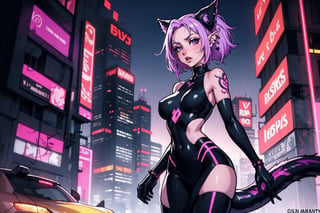 A majestic modern goth girl standing amidst the neon-lit skyscrapers of a cyberpunk city at dusk. Her piercing gaze, accentuated by dark eye circles and red-rimmed eyes, seems to pierce through the shadows. A tongue stud glints in the dim light as she gazes out upon the cityscape. Her striking features are framed by her vibrant purple twin tail hair, adorned with elf-like ear details. Tattoos on her arms seem to pulse with an otherworldly energy, as if fueled by the synthwave beats that fill the air. The camera captures her in a wide shot, showcasing her eclectic style against the backdrop of a dystopian metropolis bathed in a warm, orange-tinged night light.,girl