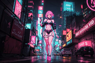 Synthwave art style of a hot girl with neon pink and blue hair, wearing futuristic, reflective clothing, standing confidently in the middle of a vibrant neon city with towering skyscrapers, glowing signs, and cyberpunk elements, cinematic composition, trending on ArtStation.






