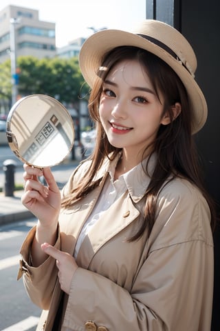 beautiful, 1girl,
(Brown hair:1.2),
long hair, smile, (detective:1.2),Magnifying glass,
Detective's hat,
Light color Trench coat, hk_girl