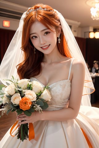 beautiful, 1girl,
(Orange hair:1.2),
long hair, (big smile:1.2), bride, extravagant white wedding dress, hk_girl, medium breasts, grand wedding hall stage background, veil, wedding ring on ring finger, holding bouquet, facing viewer, close up