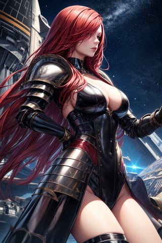 european 1girl, solo, 25yo, beautiful face, (red realistic hair), (long hair:1.2), (braid :0.4), (latex armored with gothic skirt), perfect latex armor, spaceship background, fantasy