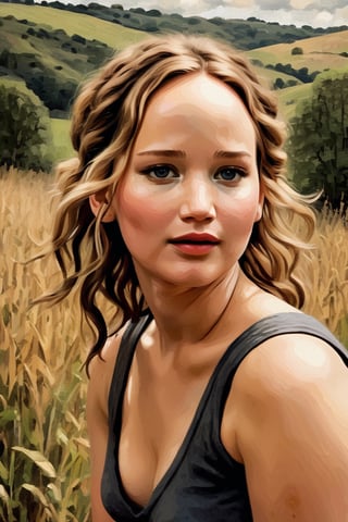 Jennifer Lawrence earthy beauty, textured oil painting, thick oil paint, brush strokes, Artrage effect, highly detailed, countryside outdoor backdrop, dynamic lighting, super detailing, sharp details, painterley effect, post impressionism, ,oil painting,comic book,r3mbr4ndt