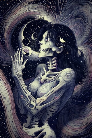 a skeleton woman with a crescent in her hair a night sky background with stars, swirls in the background, a crescent in the sky,a sky with stars and a full moon, depth of field , extremely detailed textures , ultra sharp details 