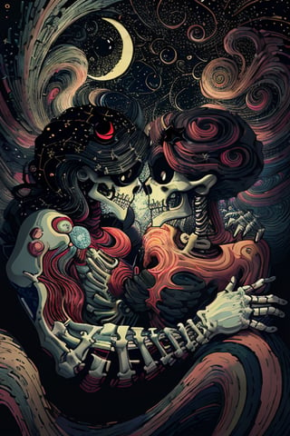 black and red aesthetic , a skeleton woman with a skull-pin in her hair a night sky background with stars, swirls in the background, a crescent in the sky,a sky with stars and a full moon, depth of field , extremely detailed textures , ultra sharp details 