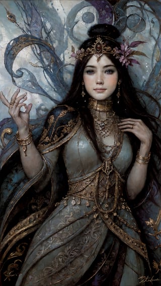 A figure cloaked in shadows, with piercing eyes and a subtle smile. The background should be dark and foggy, adding to the mystery. The style should be a blend of realism and fantasy, with intricate details and a touch of surrealism. Art by Brian Froud and Jasmine Becket-Griffith , by xkbx, artistic ,fineart , illustration , decorative ,  best quality ,realism