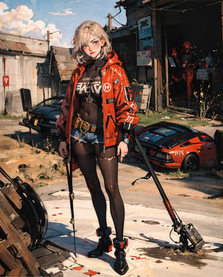 analog style, Post-apocalyptic Cyberpunk WOMAN, realistic portrait style, digital concept art, credit- Greg Rutkowski, Alphonse Mucha, H.R. Giger, Artgerm,cinematic angle ,whole body,oil painting,, original, extremely detailed wallpaper,solo,{beautiful detailed eyes},full body,post-apocalyptic cyberpunk world,grim and gritty,woman,cybernetic enhancements,glowing tattoos,mechanical wings,heavy armor,carrying futuristic weapons,standing on top of a skyscraper overlooking the city ruins,broken neon signs,overgrown with vegetation,dilapidated buildings,abandoned vehicles,billowing smoke and toxic fumes,moody and dark lighting,inspired by Blade Runner and Mad Max,with a touch of Tron.,RedHoodWaifu,arcane,(red hood,Fechin,IMPRESSIONISM