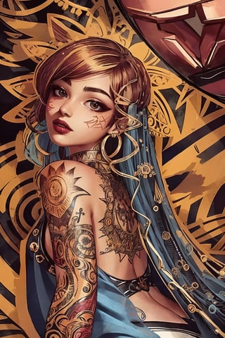 
an illustration of  woman, intricate details,by justin_c, tattoo ,1girl, maximalist,justin_c