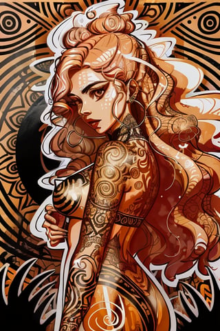 a digital linocut illustrations , a woman figure with long hair striking pose ,body tattoos, diagonal  three-quarter view, orange + latte + black  colors, rural graffiti background , intricate pattern ,in the style of justin_c ,aesthetic 