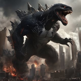 (perfect mix between venom and godzilla:1.9), with venom's black tentacles protruding from his entire body, destroying city, blood, epic, cataclysmic, gargantuan, absurdres, best quality, realistic style