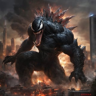 (perfect mix between venom and godzilla:1.9), with venom's black tentacles protruding from his entire body, destroying city, blood, epic, cataclysmic, gargantuan, absurdres, best quality, realistic style