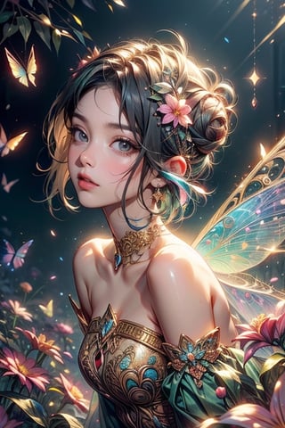 
A delicate winged fairy in a field of colorful flowers, while the soft glow of sunlight illuminates the serene scene. Surrounding the fairy are an array of blossoms in full bloom, their sweet fragrance adding to the enchantment of this magical moment. Glowing golden particles, magical, surreal, dreamlike atmosphere, vibrant colors, fantasy painting. (TinkerWaifu:1), upper body, single hair bun, short hair, (strapless green dress:1), (fairy wings), (translucent, colorful, glittery wings), (realistic:1.2), (realism), (masterpiece:1.2), (best quality), (ultra detailed), (8k, 4k, intricate), light particles, lighting, (highly detailed:1.2),(detailed face:1.2), DonMF41ryW1ng5