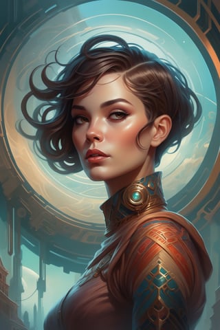In the distinctive style of Peter Mohrbacher, envision an otherworldly poster illustration showcasing a close up image of a woman with short hair in a wondrous place brimming with technology and dynamic color effects that intertwine to create mesmerizing patterns and contrasts.