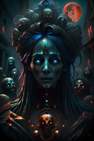creature00d, A surreal digital illustration depicting a woman with fiery blue locks, surrounded by ghostly apparitions and ghastly creatures in an abandoned Victorian-style house, bathed in a blood moon's eerie glow.