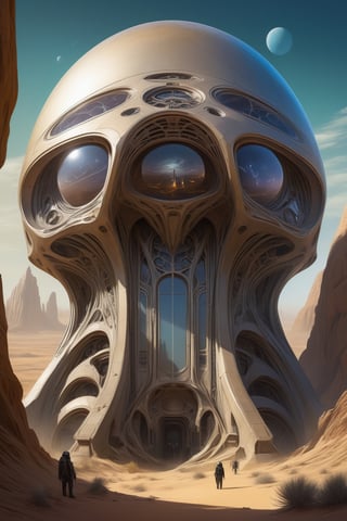 Hans Ruedi Giger style, sci-fi destroyed alien buildings in the desert, intricate detail, digital painting, artstation, art by artgerm and alphons mucha