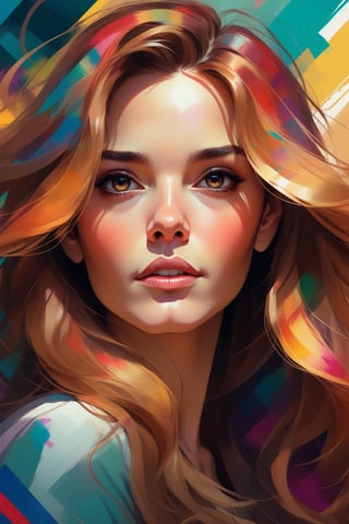 Vibrant Krenz Cushart-inspired illustration, closeup of a woman with luscious long hair and striking features, set against an abstract colorful background with random shade effects, creating a captivating poster design.