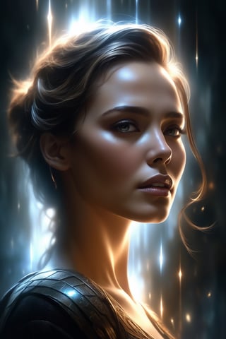 style of Aleksi Briclot, a captivating woman's visage (half-hidden by mesmerizing digital light patterns:1.4) in an enchanting poster composition (up close:1.6), the interplay between her beauty and the random shapes evoking feelings of mystery and wonder.






