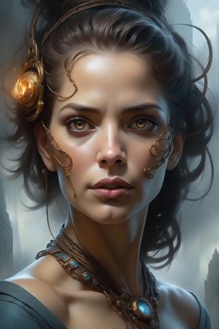 A harmonious blend of Alejandro Burdisio's techniques with Aleksi Briclot, a stunning woman's visage (half-merged into an ever-changing digital canvas:1.9) in a thought-provoking poster (up close and personal:0.8), the intertwining of her features with random shapes evokes a sense of ethereal enchantment and boundless creativity.






