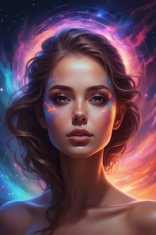 style of Alena Aenami, a striking woman's face formed by (colorful electrical energy patterns:1.6), placed in front of an (otherworldly portal with swirling nebulas and stars:0.7), exuding strength and grace.


