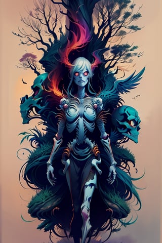 a woman (( banshee)) standing on top of a tree surrounded by birds,  inspired by Aleksi Briclot,  fantasy art,  ((skeleton warrior)),  amazing awesome and epic,  crows,  nagash editorial,  black metal,  witch - doctor,  fantasy photography,  goddess of anger,  the ((angel of death)), colorhalf00d
