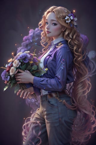 spirals00d, A girl with curly golden blonde hair wearing purple pants and blue shirt standing against a white background with red flowers in her hands, feeling happy