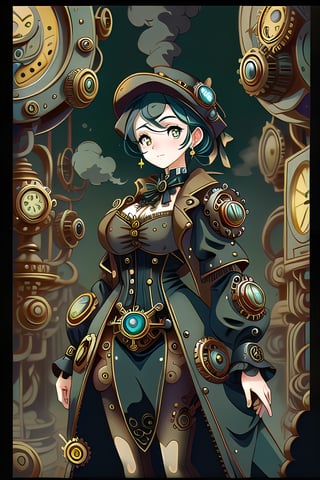 ((Best quality)),  ((masterpiece)),  steampunk digital art featuring a beautiful girl with intricate gears and clockwork mechanisms incorporated into her outfit,  standing in an industrial setting filled with steam and cogs. Her expression should be confident and alluring,  with a touch of mystery. The overall style should blend Victorian era fashion with futuristic technology,  creating a unique and captivating image, plastican00d