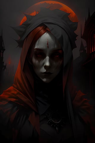 creature00d, A hauntingly beautiful portrait of a woman with fiery red hair, shrouded in an eerie fog, set against the backdrop of a gothic mansion at dusk