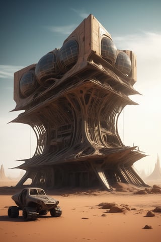 destroyed alien buildings in the desert, digital painting, sci fi style, hans ruedi giger artstation concept art octane render, intricate lighting sharp focus