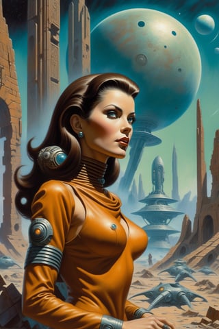 style of Kelly Freas, retro-futuristic poster, closeup, a striking woman surrounded by the ruins of an ancient city on a desolate planet, as (curious mechanical beings and otherworldly creatures:0.5) interact with her in the background, while she gazes at an enigmatic (device:1.2).