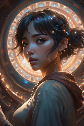 In the style of Alejandro Burdisio and Aleksi Briclot, A captivating close-up of an anime woman's half face, her expression telling a story while being surrounded by (a kaleidoscope of digital lights:1.8) that dance through the void, connecting to her essence.






