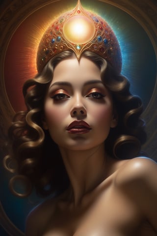 style of Adam Hughes, style of Agostino Arrivabene fusion, poster design, a (close-up of an alluring woman's face:0.9), bathed in the soft glow of (a bobble light void:0.7), where (rich colors and intricate shading:1.5) intertwine to create an unforgettable impression.




