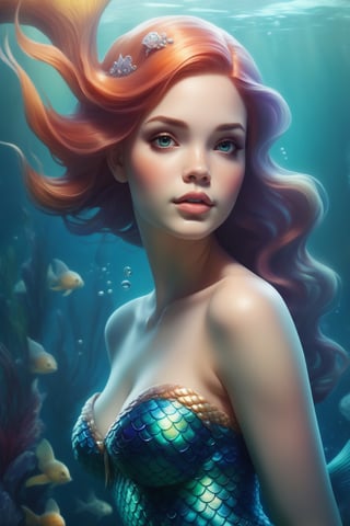 Anna Dittmann's signature style, a vivid (portrait of a beautiful mermaid:1.5), set against a breathtaking underwater scene filled with (detailed marine life and goldfish swimming around her:0.6). The lighting is (cinematic, insanely detailed):2) with an elegant (vignette effect:0.8) for added drama.